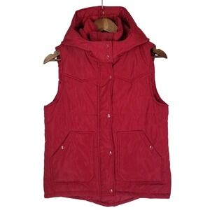 Womens Red Puffer Vest Hooded Snap Button Zip Closure Pockets Casual Outerwear